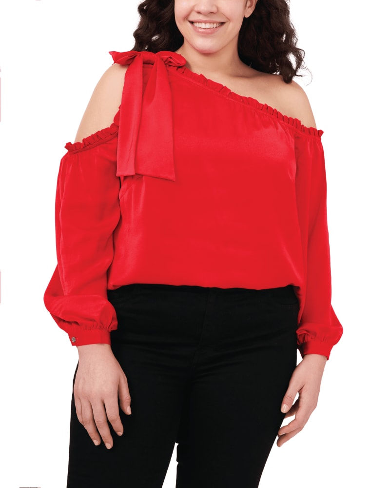 Front of a model wearing a size 1X Amelia Cold-Shoulder Bow Blouse in LUMINOUS RED by CeCe. | dia_product_style_image_id:263320